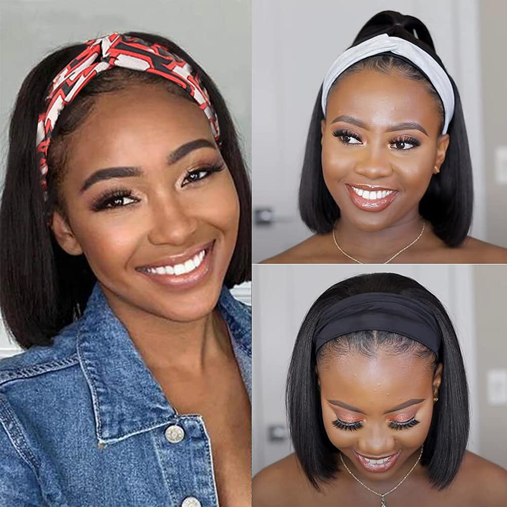 Headband Wigs of Straight Human Hair, and Glueless at 150% Density. None Lace Front Wigs Brazilian Machine Made Easy Wear Headband Wigs.