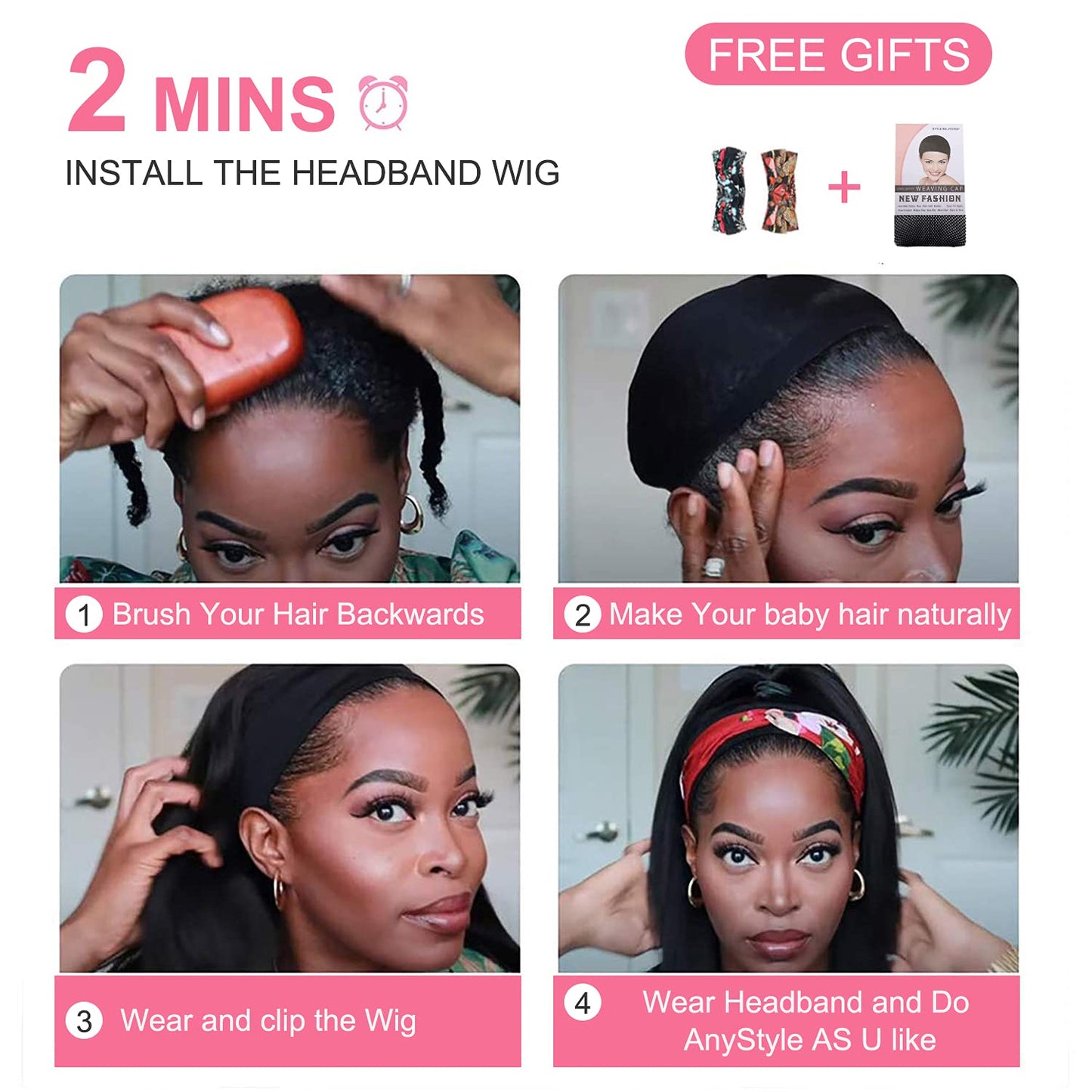 Headband Wigs of Straight Human Hair, and Glueless at 150% Density. None Lace Front Wigs Brazilian Machine Made Easy Wear Headband Wigs.