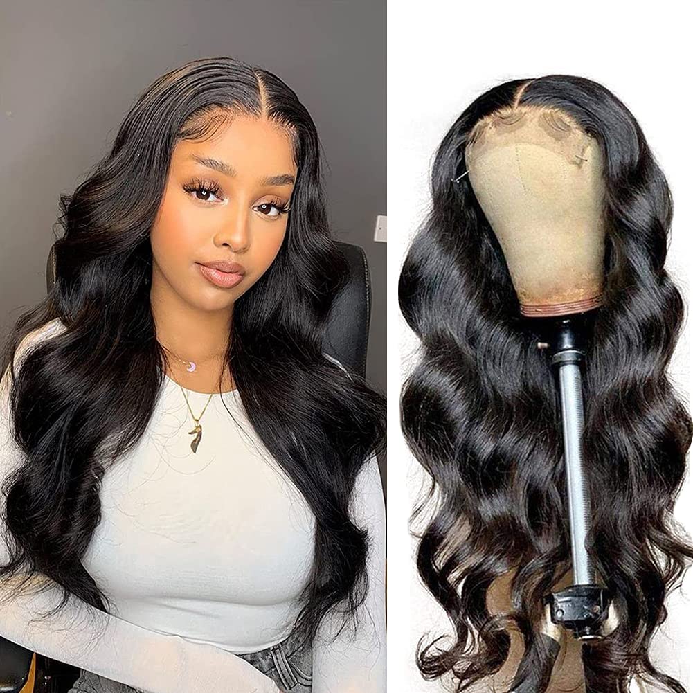 Lace Front Wigs Human Hair, Body Wave 4x4 Lace Closure Wigs with Pre Plucked baby hair at 150% Density (22 Inch)