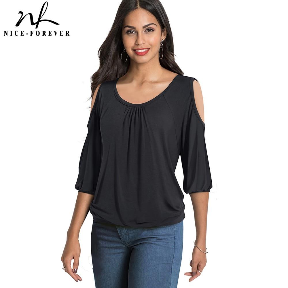 Nice-Forever Casual Cold Shoulder with O Neckline Solid Color t-shirts .Women Spring Tees tops.