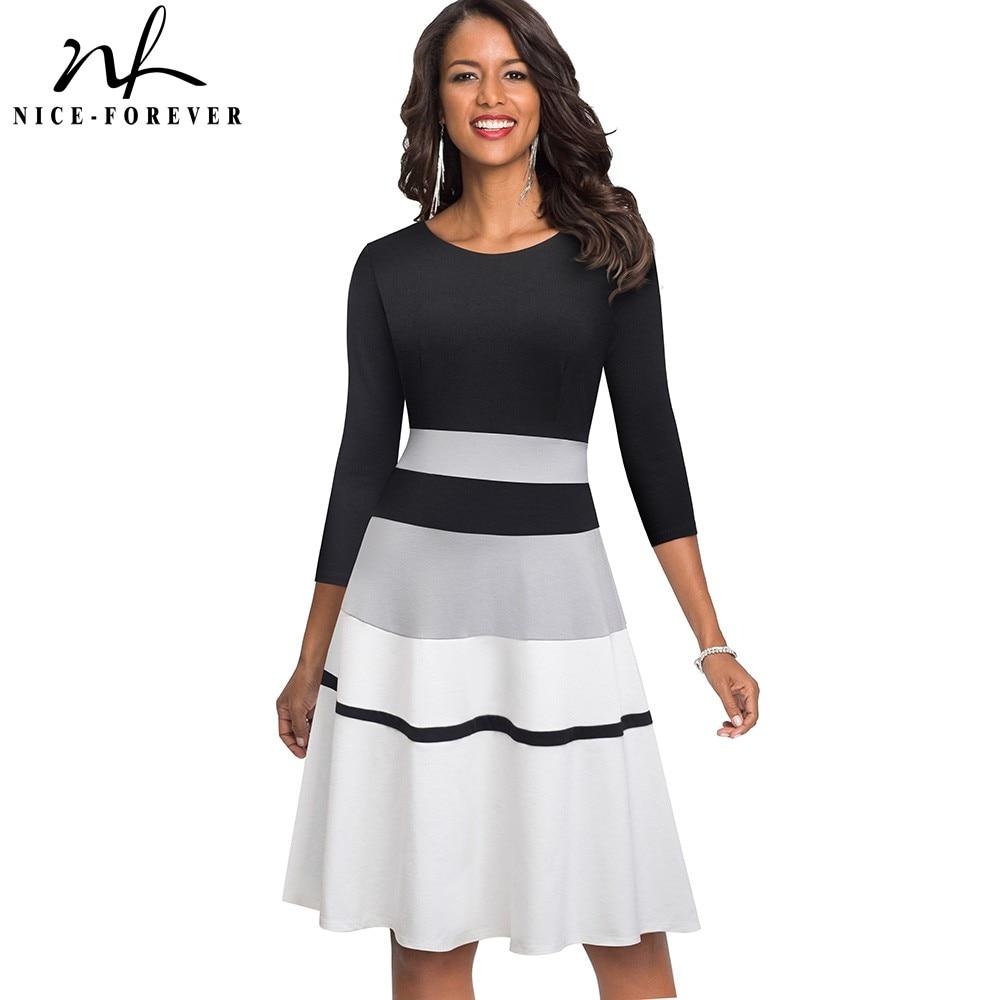 Nice-forever Retro Elegant Contrast Color Patchwork vestidos. Business Flare A-Line Dress.