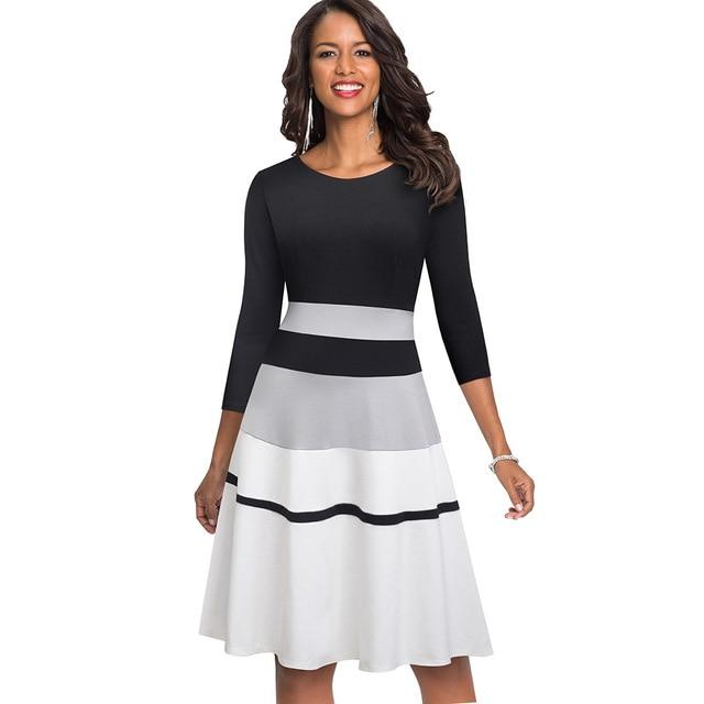Nice-forever Retro Elegant Contrast Color Patchwork vestidos. Business Flare A-Line Dress.