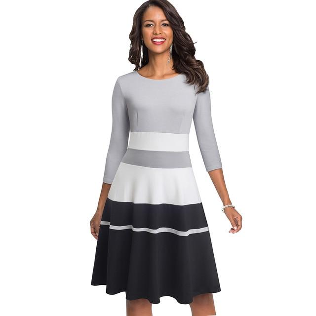 Nice-forever Retro Elegant Contrast Color Patchwork vestidos. Business Flare A-Line Dress.