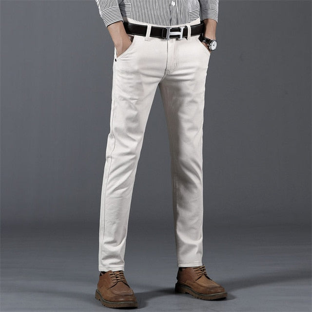 6 Color Casual Khaki Pants for Men. Casual Elastic Straight Trousers in Gray, White,and Navy