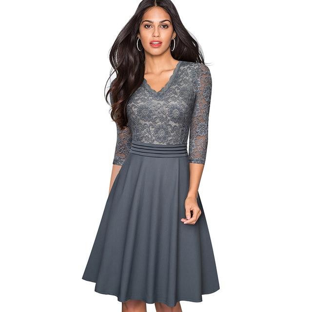 Nice-forever Vintage Black Flower Elegant Lace Ruffle vestidos See Through Sleeve. A-Line Pinup Business Women Flare Dress