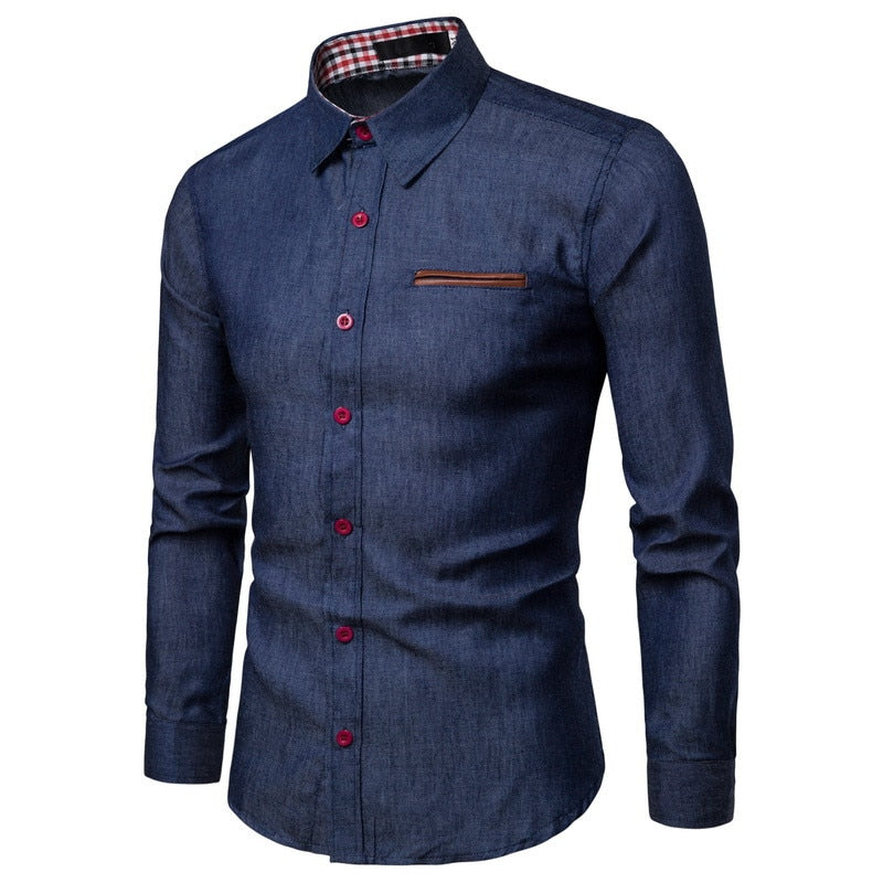 Autumn Mens Jeans Shirt. Solid Slim Fit Long Sleeve Jeans Shirt for Men. 100% Cotton Denim Jeans Men Shirt.