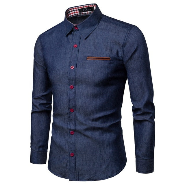 Autumn Mens Jeans Shirt. Solid Slim Fit Long Sleeve Jeans Shirt for Men. 100% Cotton Denim Jeans Men Shirt.