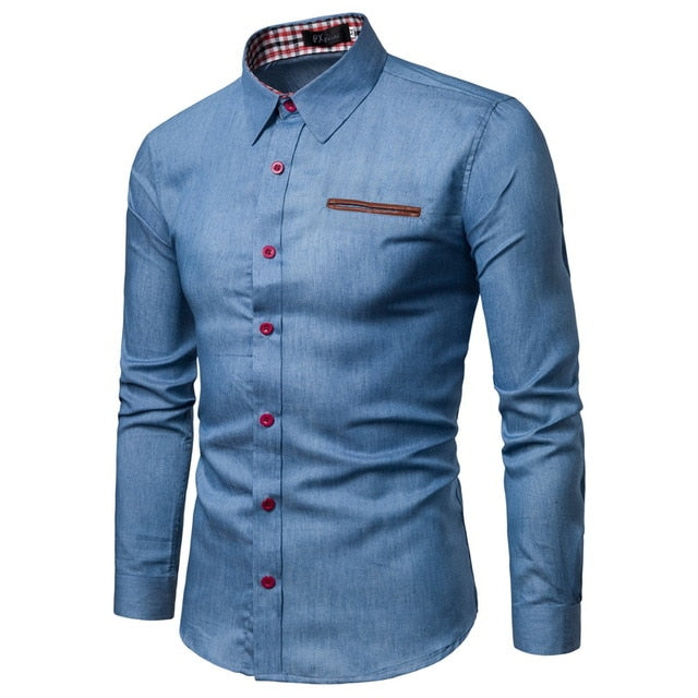 Autumn Mens Jeans Shirt. Solid Slim Fit Long Sleeve Jeans Shirt for Men. 100% Cotton Denim Jeans Men Shirt.