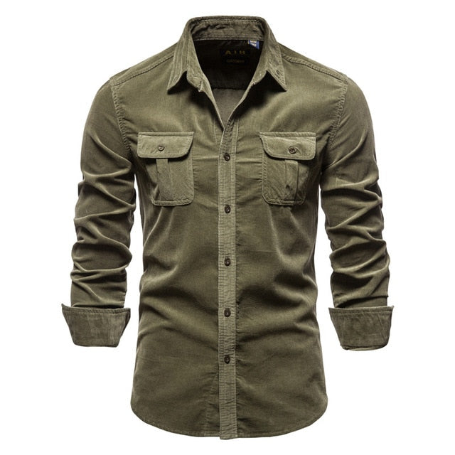 New Pocket Breasted 100% Cotton Men's Shirt. Business Casual Solid Color Corduroy Men Shirts. Autumn Slim Shirt Men.