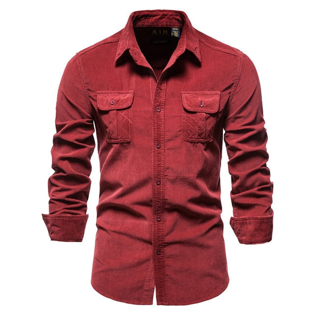 New Pocket Breasted 100% Cotton Men's Shirt. Business Casual Solid Color Corduroy Men Shirts. Autumn Slim Shirt Men.