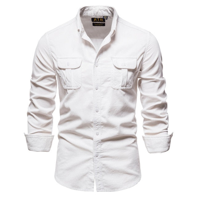 New Pocket Breasted 100% Cotton Men's Shirt. Business Casual Solid Color Corduroy Men Shirts. Autumn Slim Shirt Men.