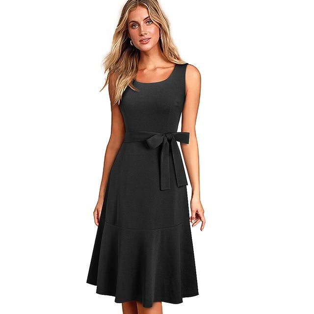 Nice-Forever New Spring Casual Plaid Sleeveless Vestidos with Sash A-Line Flare Swing Dress.
