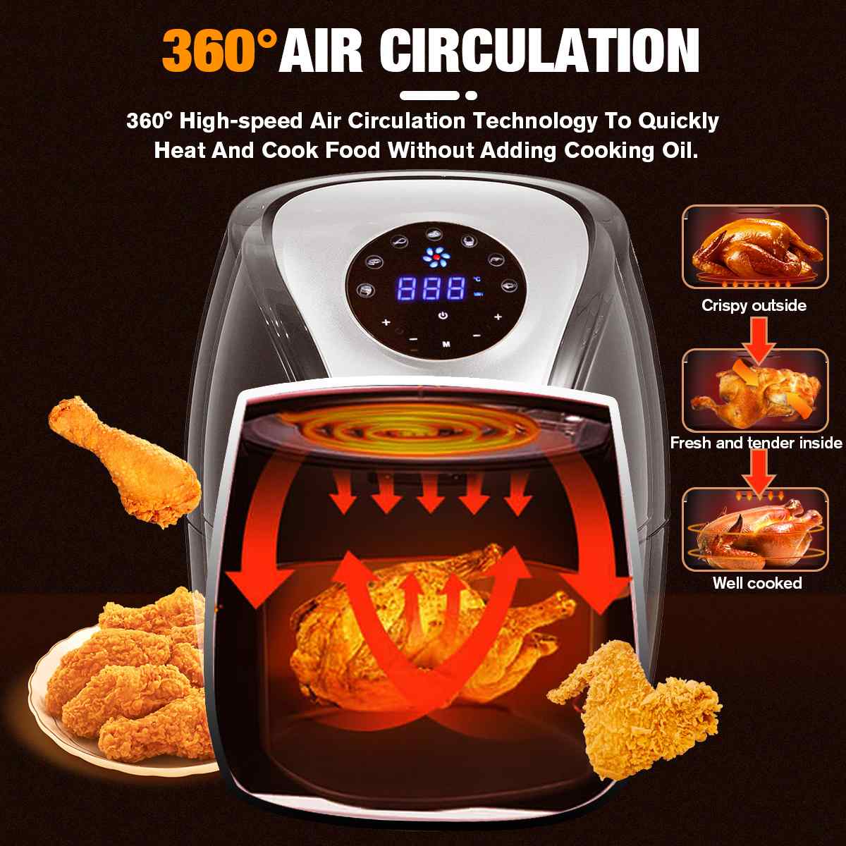 Air Fryer Cooker. Multifunction Smart Touch LCD Deep Airfryer for French fries Pizza.