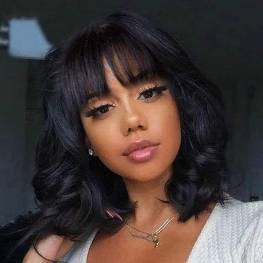 Short Bob Wigs with bangs Body Wave Human Hair Wig. None Lace Front Wigs With Bangs at 130% Density