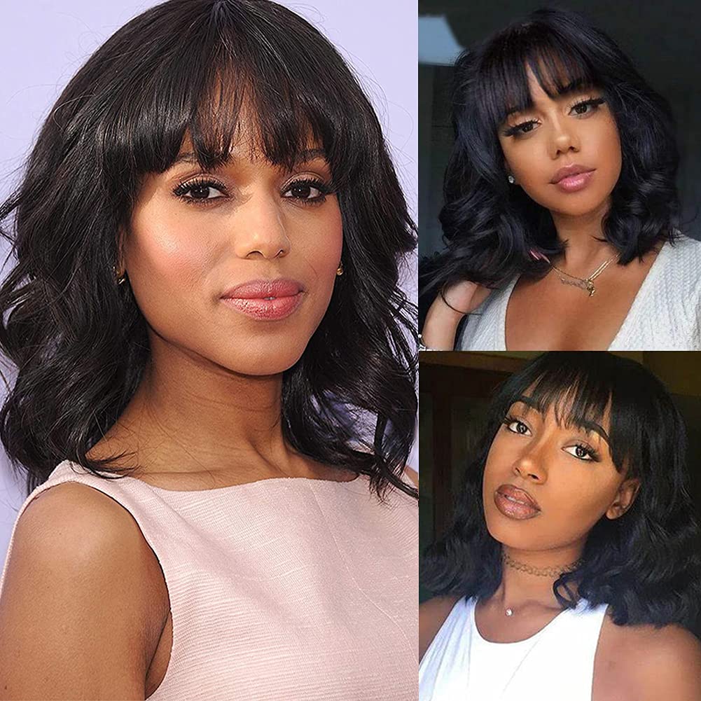 Short Bob Wigs with bangs Body Wave Human Hair Wig. None Lace Front Wigs With Bangs at 130% Density