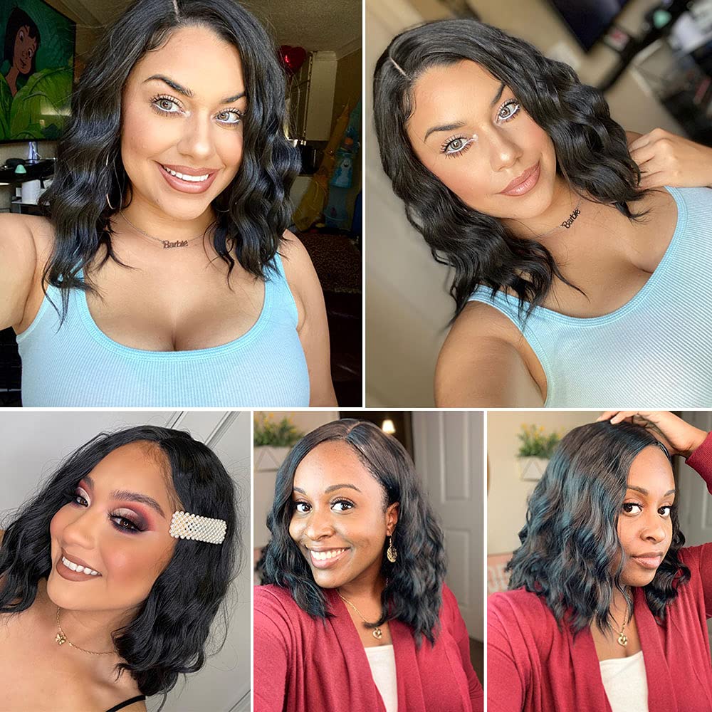 Short Bob Wigs with bangs Body Wave Human Hair Wig. None Lace Front Wigs With Bangs at 130% Density