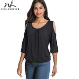 Nice-Forever Casual Cold Shoulder with O Neckline Solid Color t-shirts .Women Spring Tees tops.