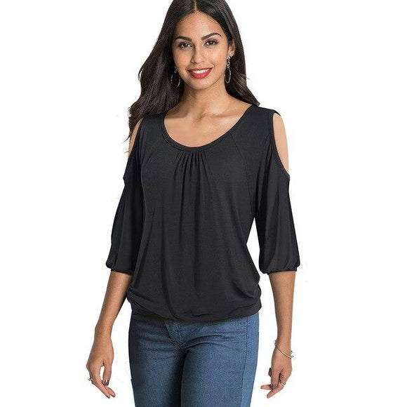 Nice-Forever Casual Cold Shoulder with O Neckline Solid Color t-shirts .Women Spring Tees tops.