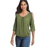 Nice-Forever Casual Cold Shoulder with O Neckline Solid Color t-shirts .Women Spring Tees tops.