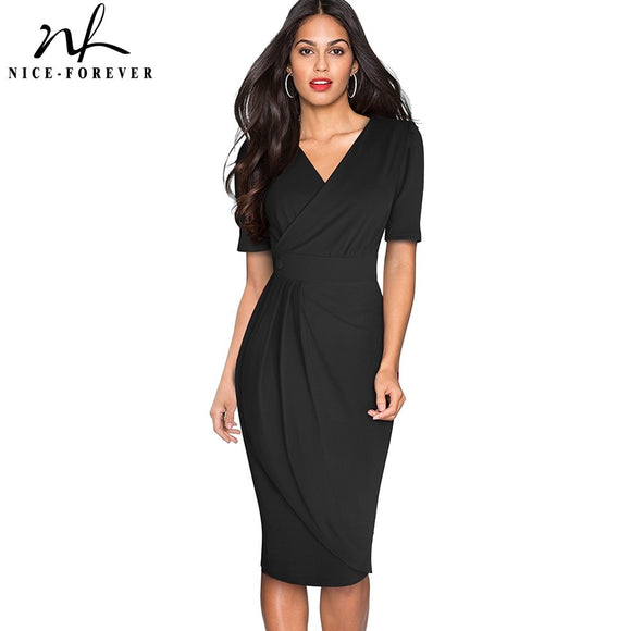 Nice-forever Elegant Pure Color with Button Office Work vestidos. Business  Slim Bodycon Women Pencil Dress