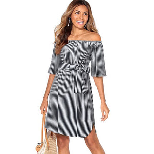 Nice-forever Causal Elegant Off-Shoulder Pinup Stripes with Belt vestidos.A-Line Business Work Flare Women Dress.