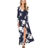 Nice-forever Bohemian Causal Printed Flower  V neck High Split vestidos. Maxi Women Flare Summer Beach Dress.