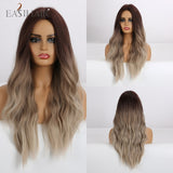 Long Ombre Brown Synthetic Wigs, Middle Part Wavy Wigs,Heat Resistant Fiber Hair Wigs.