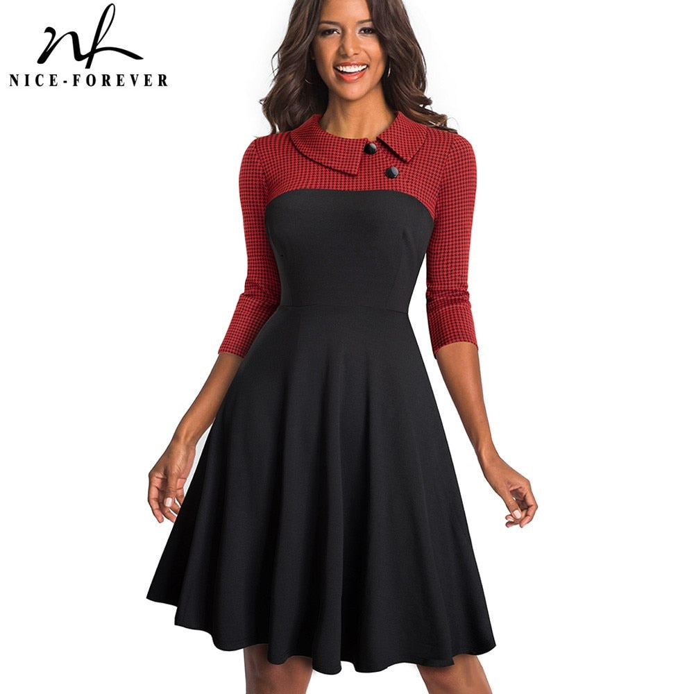 Nice-forever Women Vintage Turn-Down Collar Pinup Button vestidos. A-Line Business Flare Swing Dress .