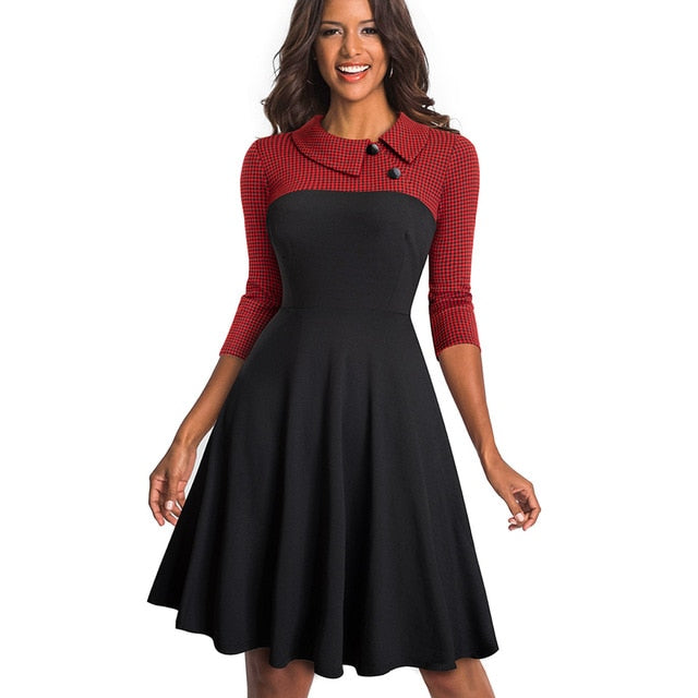 Nice-forever Women Vintage Turn-Down Collar Pinup Button vestidos. A-Line Business Flare Swing Dress .