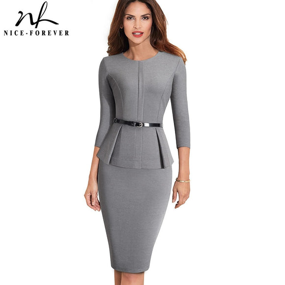 Nice-forever Vintage Elegant Wear to Work with Belt Peplum vestidos. Business  Bodycon Office Dress