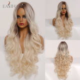 Long Ombre Brown Synthetic Wigs, Middle Part Wavy Wigs,Heat Resistant Fiber Hair Wigs.