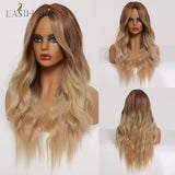 Long Ombre Brown Synthetic Wigs, Middle Part Wavy Wigs,Heat Resistant Fiber Hair Wigs.