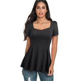 Brief Casual Square Collar t-shirts. Short Sleeve Ruffle Stylish fitted Women Tees tops.