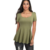 Brief Casual Square Collar t-shirts. Short Sleeve Ruffle Stylish fitted Women Tees tops.