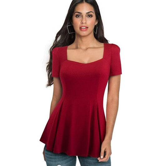 Brief Casual Square Collar t-shirts. Short Sleeve Ruffle Stylish fitted Women Tees tops.