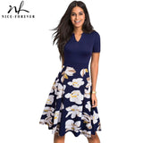 Nice-forever Stylish Elegant Floral Printed Women vestidos. Short Sleeve A-Line Floral Flare Dress.