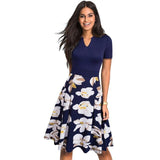 Nice-forever Stylish Elegant Floral Printed Women vestidos. Short Sleeve A-Line Floral Flare Dress.