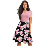 Nice-forever Stylish Elegant Floral Printed Women vestidos. Short Sleeve A-Line Floral Flare Dress.