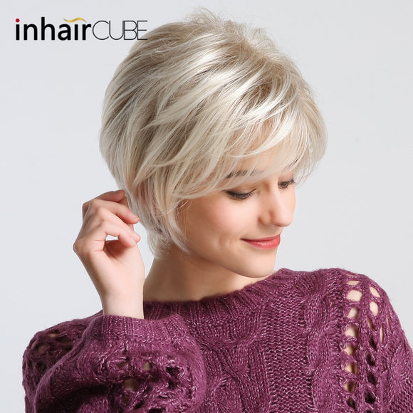 Short Hair Wig with Natural Bangs Pixie Cut with Highlights. Synthetic Short Straight Haircut.