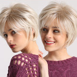 Short Hair Wig with Natural Bangs Pixie Cut with Highlights. Synthetic Short Straight Haircut.