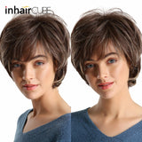 Short Hair Wig with Natural Bangs Pixie Cut with Highlights. Synthetic Short Straight Haircut.