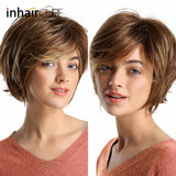 Short Hair Wig with Natural Bangs Pixie Cut with Highlights. Synthetic Short Straight Haircut.