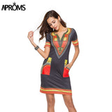 Aproms V Neck Pocket Patchwork Bodycon Tunic Dress .Summer 2020 Robe African Print Dashiki Dresses. Sundresses Vestidos.