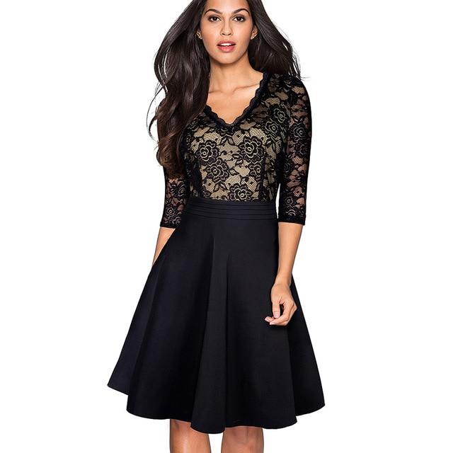 Nice-forever Vintage Black Flower Elegant Lace Ruffle vestidos See Through Sleeve. A-Line Pinup Business Women Flare Dress