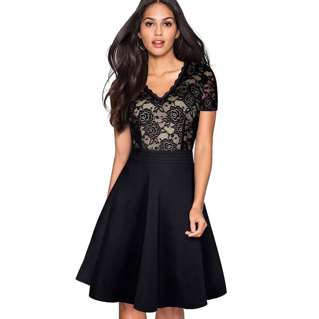 Nice-forever Vintage Black Flower Elegant Lace Ruffle vestidos See Through Sleeve. A-Line Pinup Business Women Flare Dress