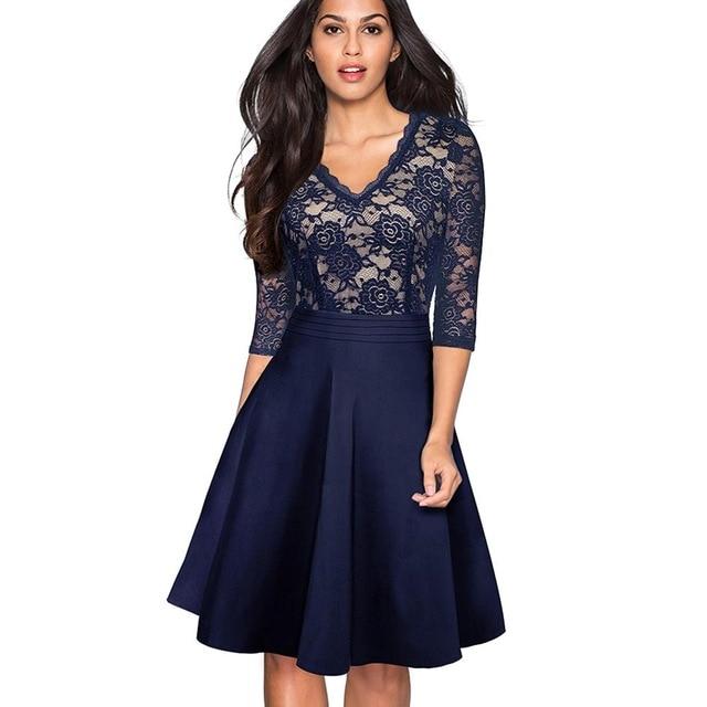 Nice-forever Vintage Black Flower Elegant Lace Ruffle vestidos See Through Sleeve. A-Line Pinup Business Women Flare Dress