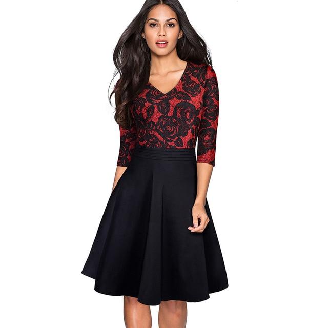 Nice-forever Vintage Black Flower Elegant Lace Ruffle vestidos See Through Sleeve. A-Line Pinup Business Women Flare Dress