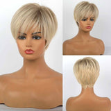 Short Hair Wig with Natural Bangs Pixie Cut with Highlights. Synthetic Short Straight Haircut.