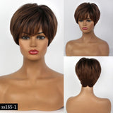 Short Hair Wig with Natural Bangs Pixie Cut with Highlights. Synthetic Short Straight Haircut.