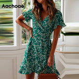 Aachoae Women Dresses Summer 2020 V Neck Floral Print Boho Beach Dress. Ruffle Short Sleeve A Line Mini Dress Sundress Robe